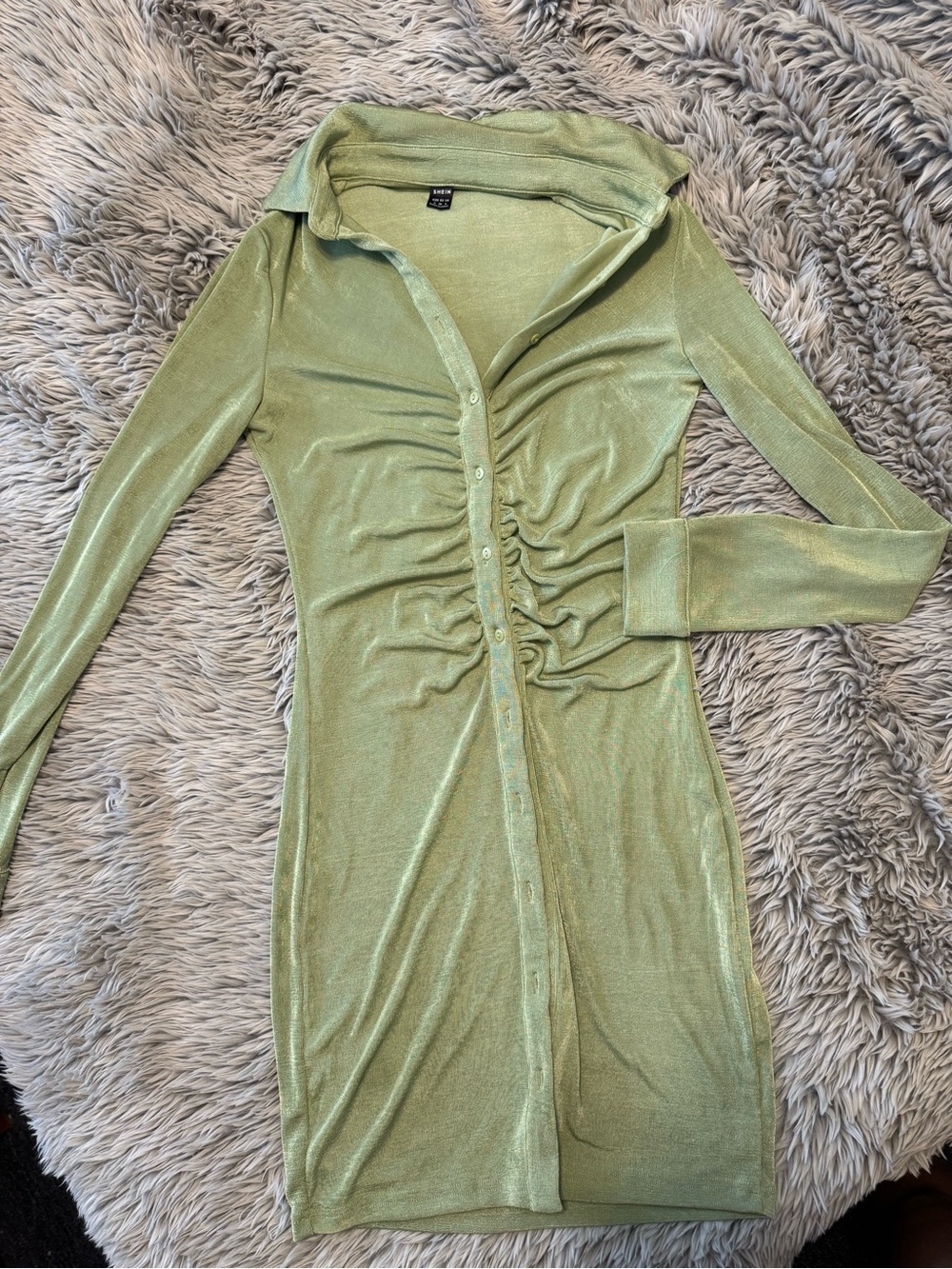 SHEIN Light Green Long-Sleeve Button Front Ruched Dress